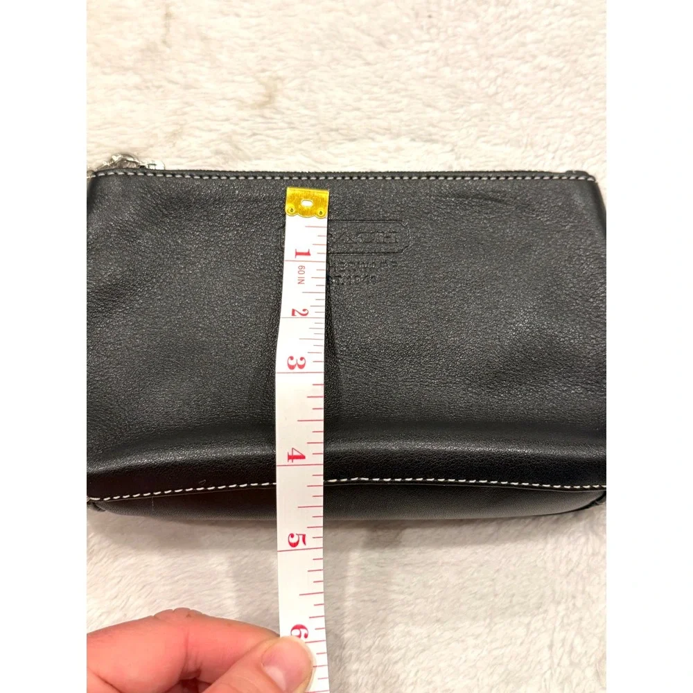 Vintage Coach Black Leather Wristlet Tassel Pouch Bag with White Stitching